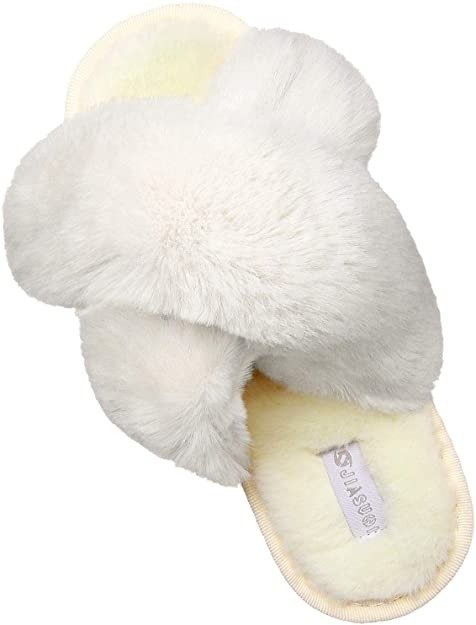 Cross Open Toe Fuzzy Fluffy House Slippers for Women Cozy Memory Foam Plush Criss Cross Furry Slides Slippers