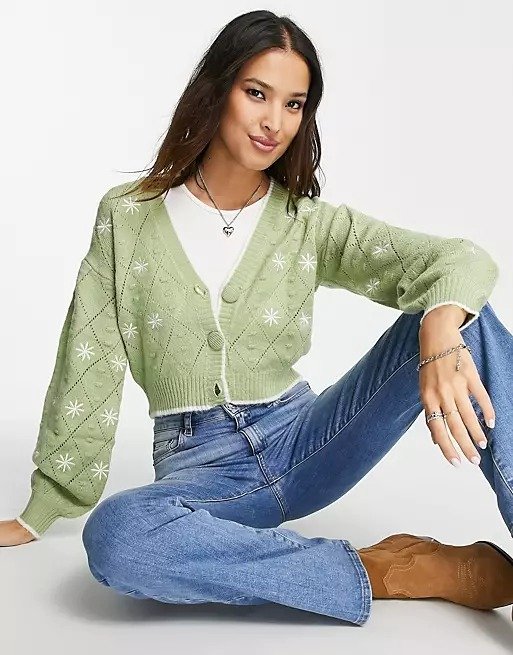 floral embroidered cardigan in sage green - part of a set