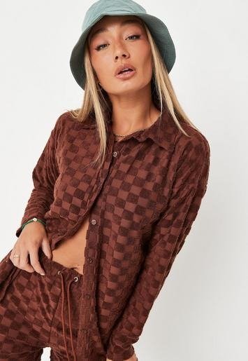 - Chocolate Co Ord Towelling Checkerboard Shirt