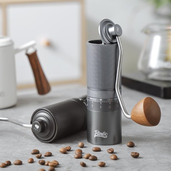 Bincoo Portable Manual Coffee Grinder Set with External Adjustable Setting- Hand Grinder Stainless Steel 6-star Conical Burr with 2 Cleaning Tools,(Gray-External Adjustable)