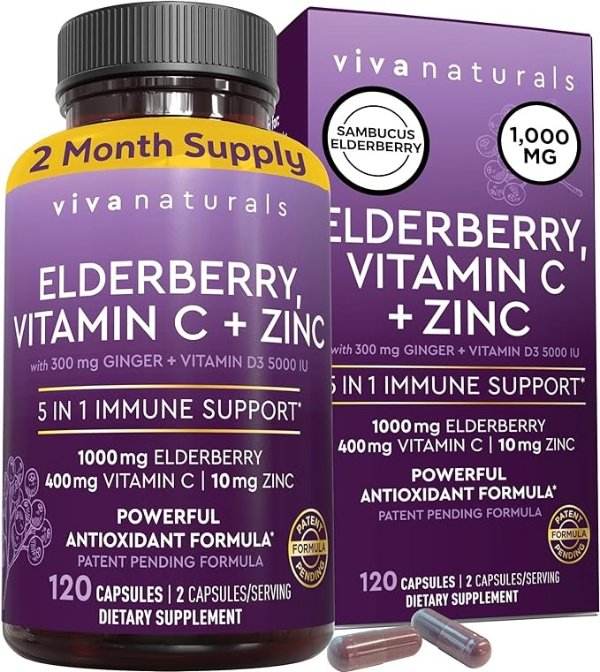 Elderberry, Vitamin C, Zinc, Vitamin D 5000 IU & Ginger - Antioxidant & Immune Support Supplement, 2 Month Supply (120 Capsules) - 5 in 1 Daily Immune Support for Adults