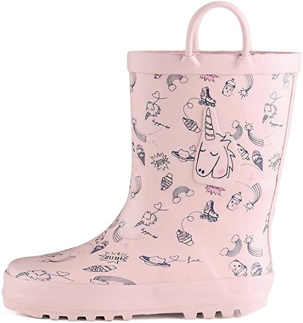 K KomForme Kids Girl Boy Rain Boots, Waterproof Rubber Printed with Handles