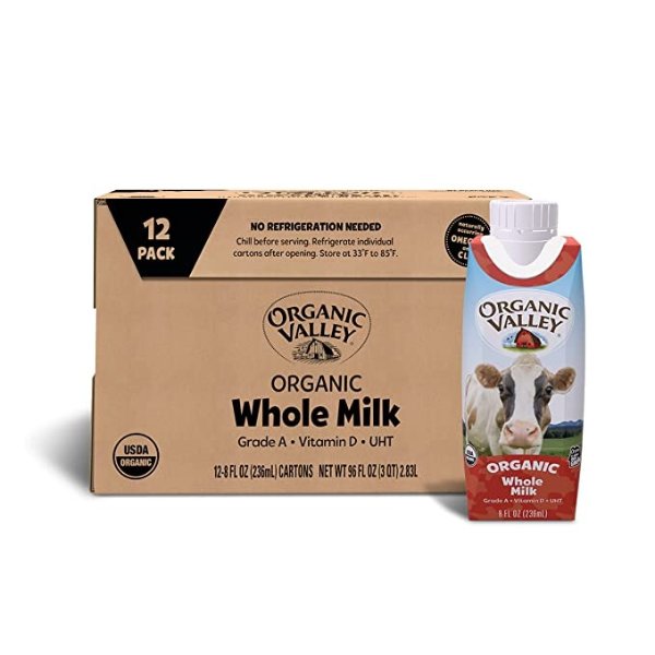 Organic Valley Whole Shelf Stable Organic Milk — Resealable Cap — 12 Pack (8 oz cartons)