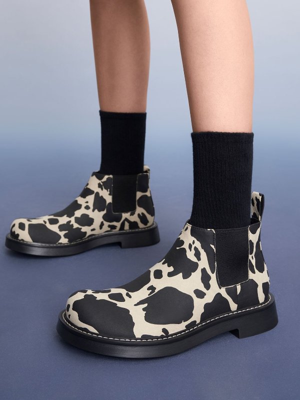 Animal Print Natural Penelope Cow-Print Pull-Tab Chelsea Boots | CHARLES & KEITH