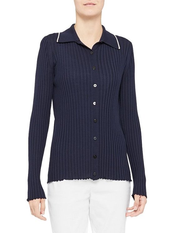Button Up Ribbed Contrast Trim Sweater