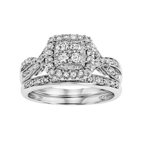 14k Gold 1/2 Carat T.W. Certified Diamond Square Halo Engagement Ring Set