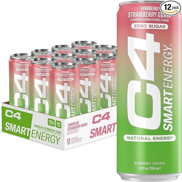 C4 Smart Energy Drink – Boost Focus and Energy with Zero Sugar, Natural Energy, and Nootropics - 200mg Caffeine - Strawberry Guava (12oz Pack of 12)