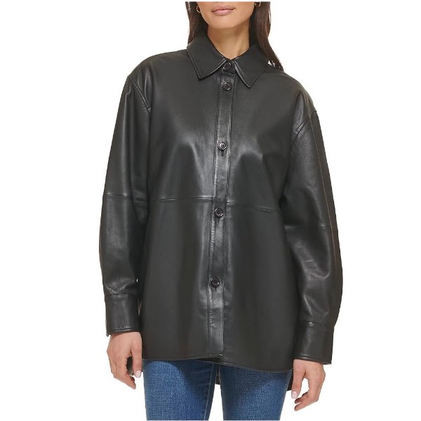 Women's Shirt Collar Button Up Leather Coat