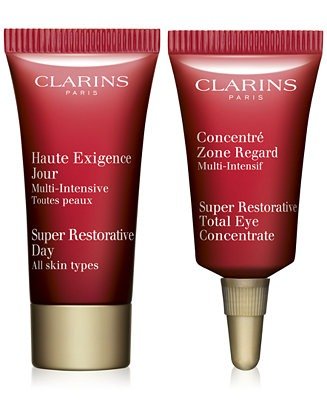 Free 2pc Skincare Solutions gift with $100 Clarins purchase Mission Perfection Serum, 1.7 oz Extra-Firming Neck Anti-Wrinkle Rejuvenating Cream, 1.6 oz. Super Restorative Total Eye Concentrate, 0.5 oz. Body Fit Anti-Cellulite Contouring Expert, 6.9 oz. UV PLUS Anti-