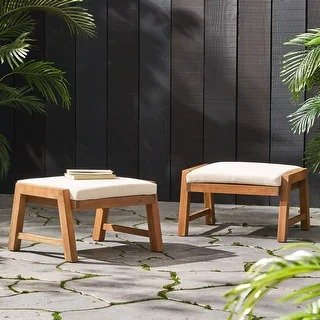 Temecula Acacia Wood Outdoor Ottomans with Cushion (Set of 2) by Christopher Knight Home