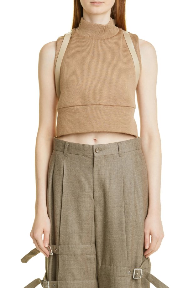 Leather Strap Wool Crop Top