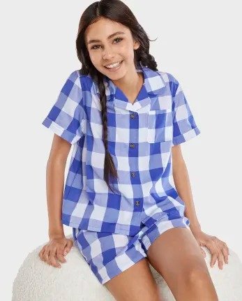 Girls Matching Family Short Sleeve Gingham Poplin Pajamas | The Children's Place - FRENCHBLU