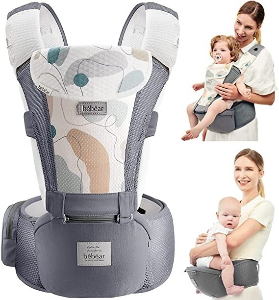 Bebamour Newborn Baby Carrier Front and Back Carry Baby Newborns to Toddler Baby Hip Carrier with 3 Pieces Teething Pads (Baby Carrier, New Grey)