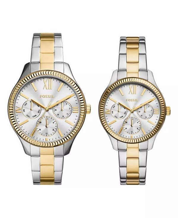 His and Hers Multifunction Two-Tone Stainless Steel Watch Set, 42mm 36mm