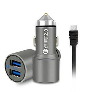 Quick Charge 2.0, JDB 36W Dual USB Car Charger With Dual Quick Charge 2.0 Ports and 3Ft Micro USB Cable-Grey