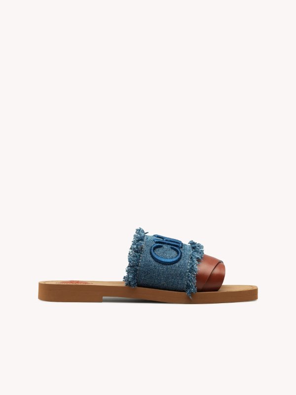 Woody Flat Mule Sandal In Denim & Semi Shiny Calfskin | Chloe US