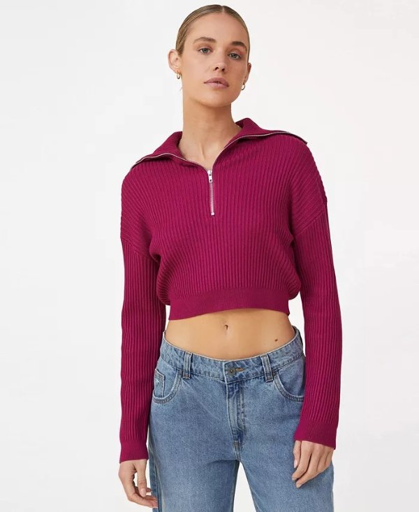 Women's Crop Rib Zip Collar Sweater