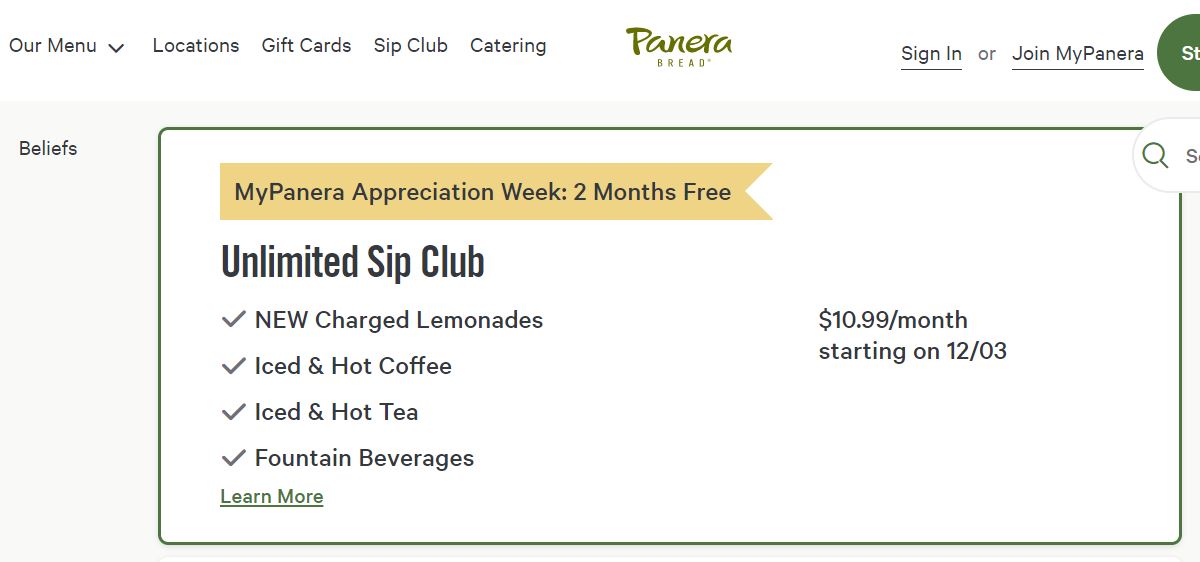 Panera bread sip club 两个月会员免费无限畅饮咖啡饮料