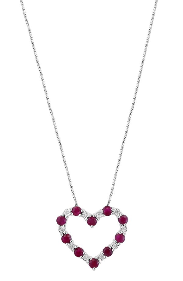 Sterling Silver Diamond & Ruby Heart Pendant Necklace - 0.04ct.