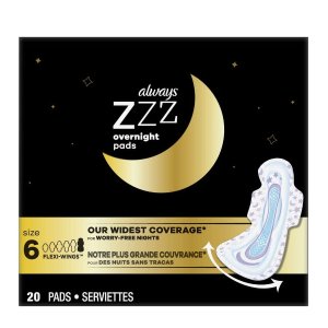 Always ZZZ Overnight Pads for Women Size 6 Unscented with Wings Total 40 Count