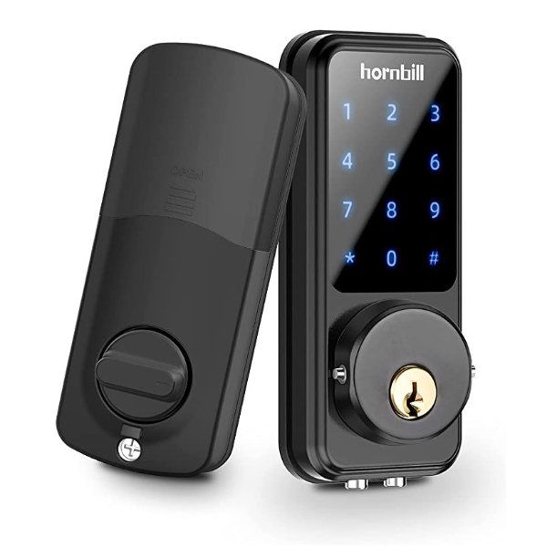 Smart Door Lock with Keypad, hornbill Smart Lock Front Door, Smart Locks Deadbolt Digital Electric Door Lock Works with Smartphone, Code Auto Door Lock for Office Airbnb