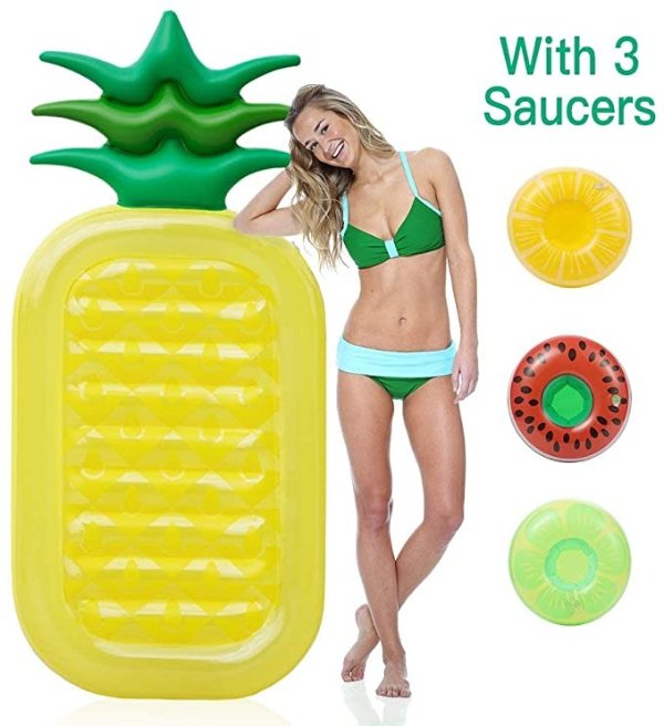 Inflatable Pool Float, Outdoor Swimming Pool Raft Giant Pool Lounge Summer Party Beach Holiday Toys for Adults and Kids, with 3 Pack Random Inflatable Drink Holders (Pineapple)