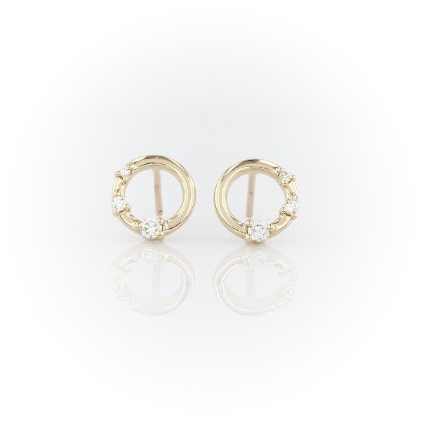 Mini Diamond Three-stone Open Circle Stud Earrings in 14k Yellow Gold (1/8 ct. tw.) | Blue Nile