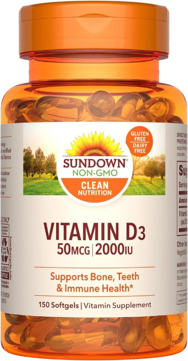 Sundown Vitamin D3 2000 IU Softgels, Supports Bone, Teeth, and Immune Health, 150 Count