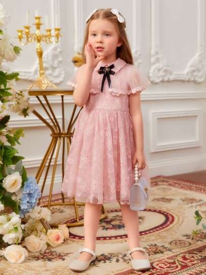 Toddler Girls Bow Front Contrast Mesh Guipure Lace Trim Dress
