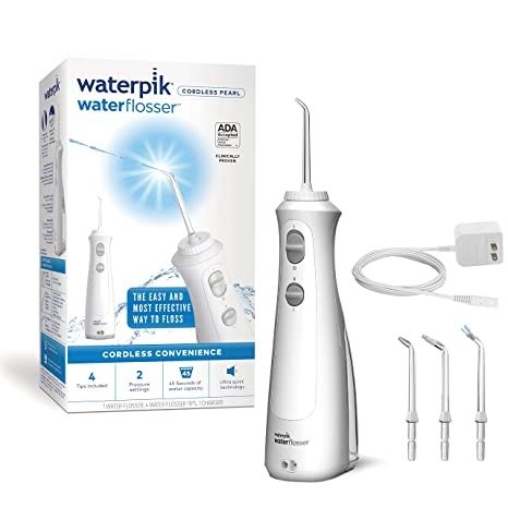 Cordless Pearl Rechargeable Portable Water Flosser for Teeth, Gums, Braces Care and Travel with 4 Flossing Tips, ADA Accepted, WF-13 White