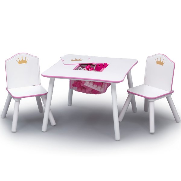 Princess Crown Kids Table and Chair Set with Storage, White/Pink