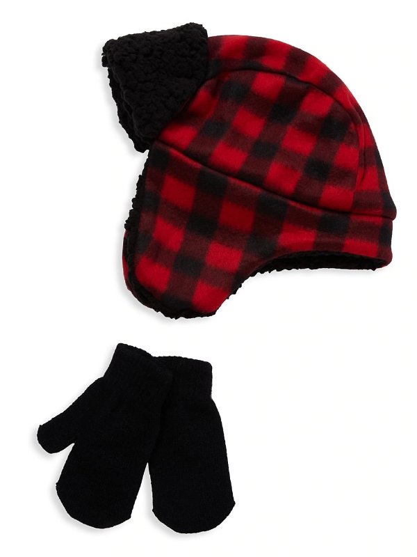 Little Boy's 2-Piece Plaid Faux Fur Trapper Hat & Gloves Set