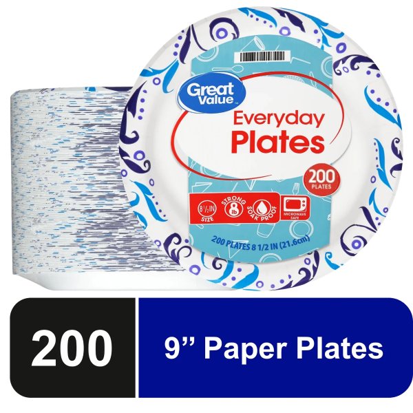 Everyday Strong, Soak Proof, Microwave Safe, Disposable Paper Plates, 9 in, Patterned, 200 Count