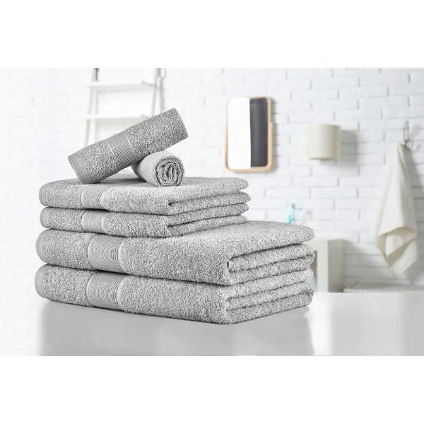 6-Piece Light Grey Lilac Carded 100% Cotton Towel Set : 2 bath :2 hand :2 Washcloth