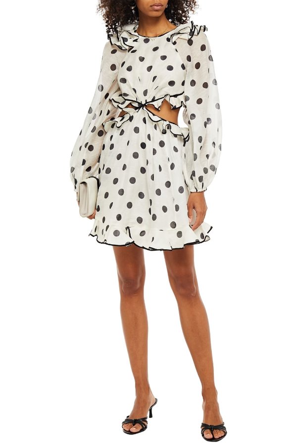 Cutout polka-dot linen and silk-blend gauze mini dress