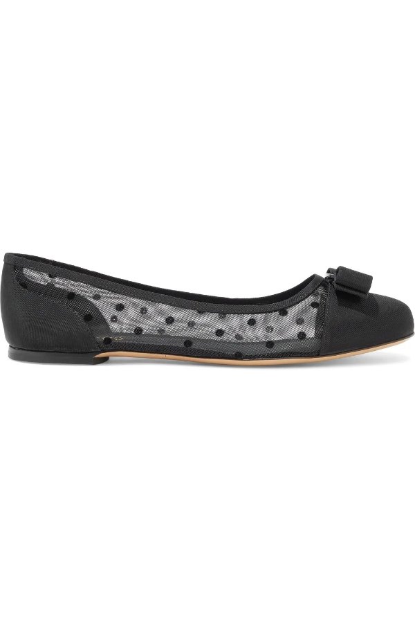 Varina Dots bow-embellished faille and flocked mesh ballet flats