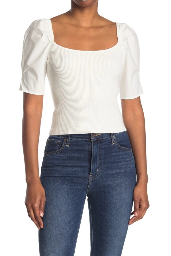 Square Neck Short Puff Sleeve Crop Top