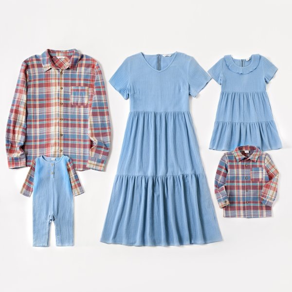 Mosaic 100% Cotton Family Matching Sets(Solid Flounced Dresses - Plaid Button Front Shirts - Rompers)