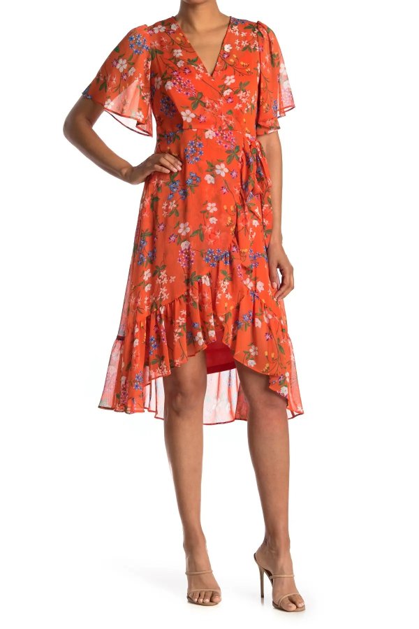 Floral Chiffon Short Sleeve Mock Wrap Midi Dress