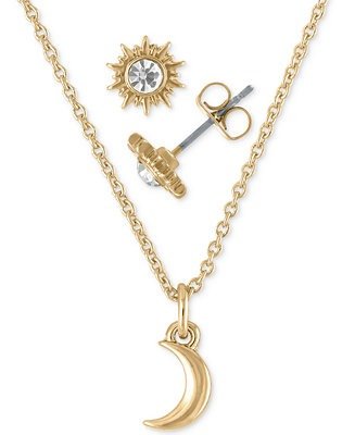 Gold-Tone Crystal Sun Stud Earrings & Moon Pendant Necklace Gift Set, 16" + 2" extender
