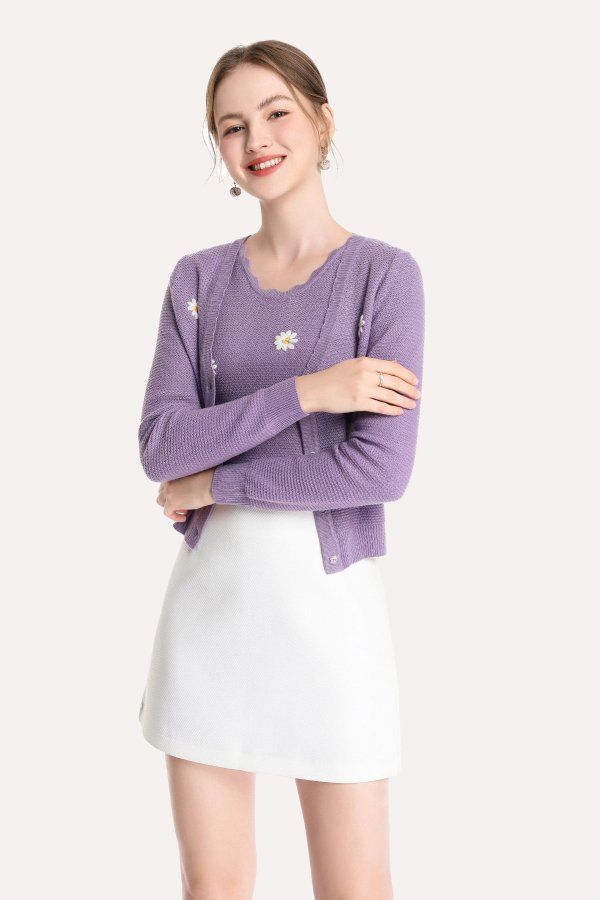 紫色手工小雏菊开衫背心两件套