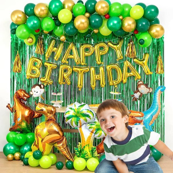Dinosaur Balloons Garland 131Pcs for Birthday Party Decoration Supplies, Dinosaur Themed Balloons Arch Kit, Giant Foil Balloons W/ Pump,Banner,Curtain for Kids Party, Boys/Girls Baby Shower