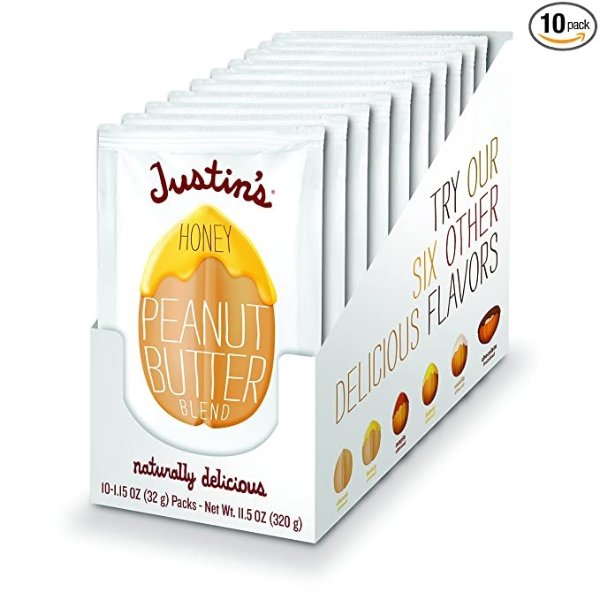 Justin's Honey Peanut Butter Squeeze Packs, Gluten-free, Non-GMO, Responsibly Sourced, 1.15 Ounce (Pack of 10)