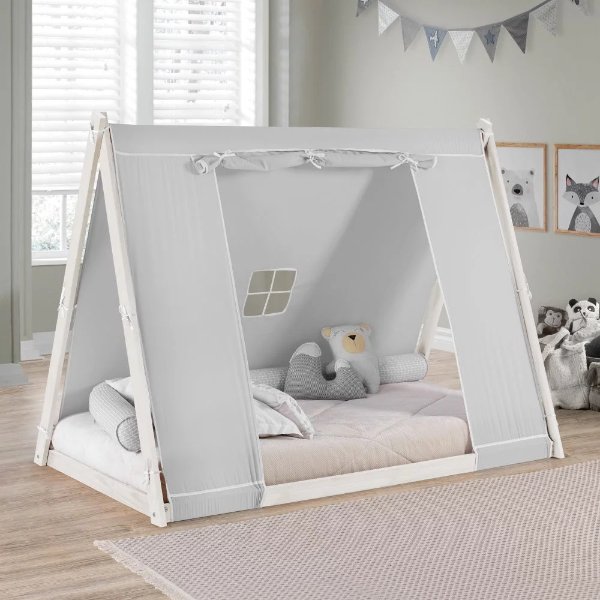 Kids Tent Floor Bed - Twin, FSC Certified Wood, Washable Tent, White/Grey