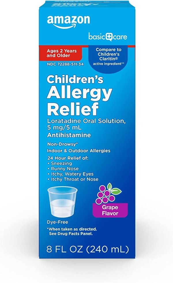 Amazon Basic Care Children’s Loratadine Oral Solution 5 mg/5 mL, Allergy Relief, Grape Flavor, 8 Fluid Ounces