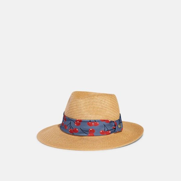 Straw Brimmed Hat With Cherry Print Scarf
