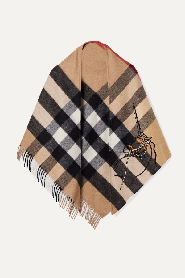 Fringed embroidered checked cashmere wrap