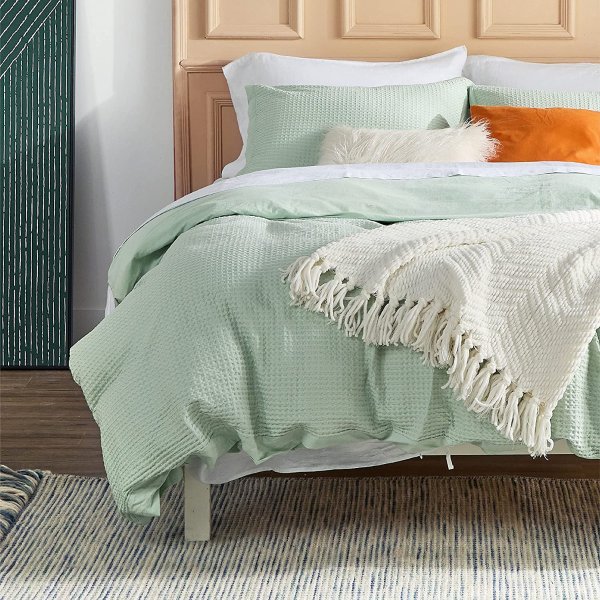Cotton Duvet Cover Set - 100% Cotton Waffle Weave Green Duvet Cover Queen Size, Soft and Breathable Queen Duvet Cover Set for All Season (Queen, 90x90'')