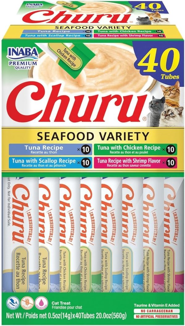 Churu Cat Treats, Grain-Free, Lickable, Squeezable Creamy Puree Cat Treat/Topper with Vitamin E & Taurine, 0.5 Ounces Each, 40 Tubes, Tuna & Seafood Variety Box
