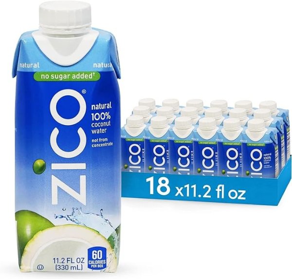 100% Coconut Water Drink - 18 Pack, Natural Flavored - No Sugar Added, Gluten-Free - 330ml / 11.2 Fl Oz - Supports Hydration with Five Naturally Occurring Electrolytes - Not from Concentrate